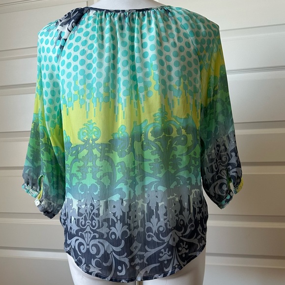 BCX Size Large Blue Green and Yellow Blouse - Picture 2 of 7